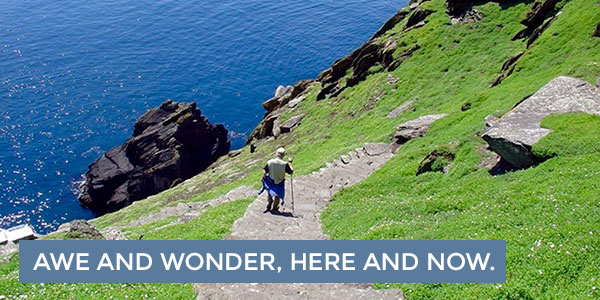 Marcus Borg walking down a path in Ireland with the words Awe and Wonder, Here and Now, our past Marcus J Borg Foundation Email campaign